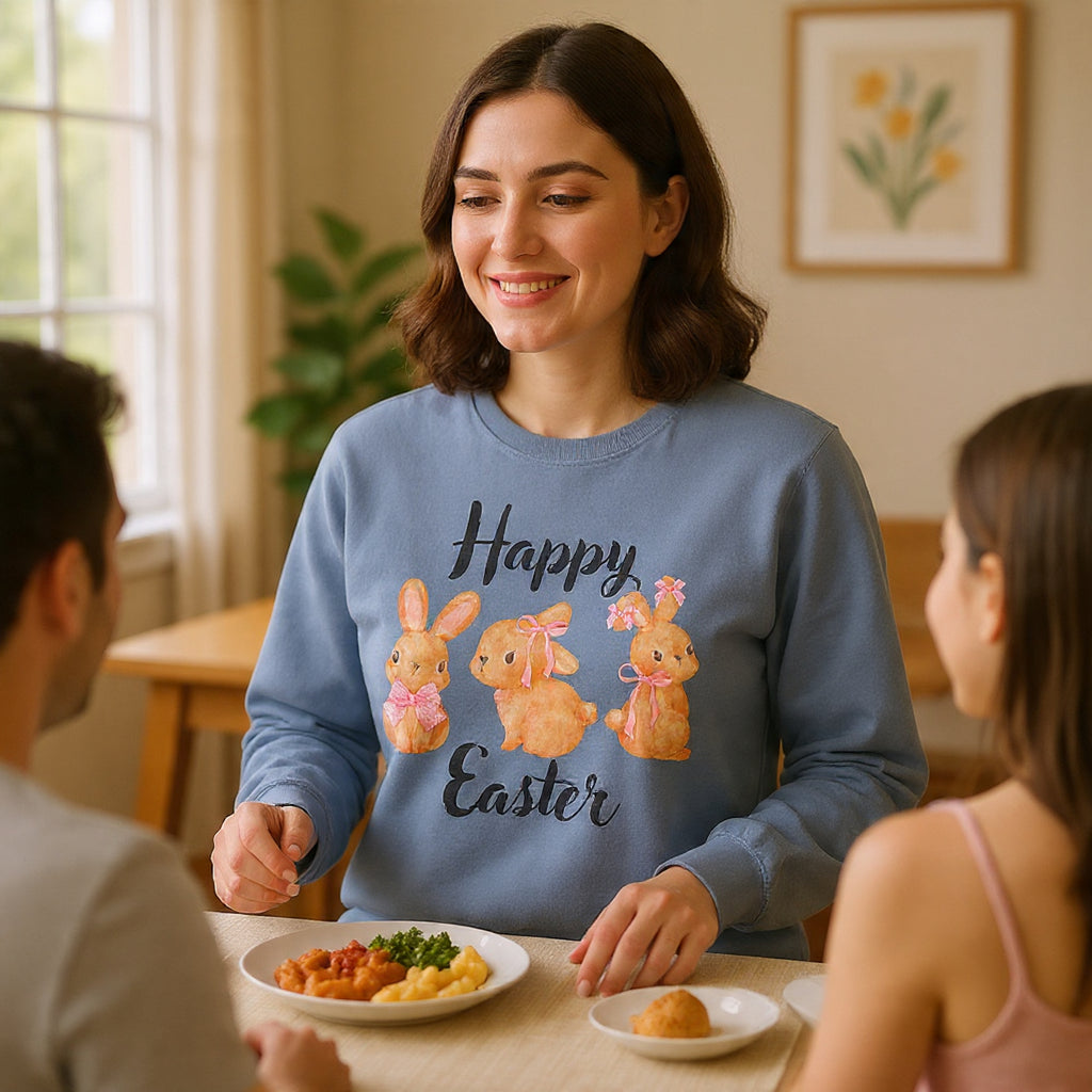 Comfort Colors - Easter Bunny Crewneck Sweatshirt – "Happy Easter" Pastel Bunny Design