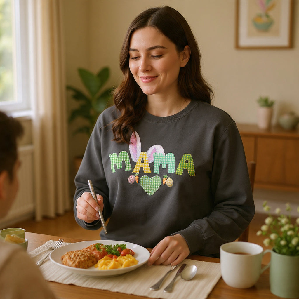 Mama Easter Bunny Sweatshirt — Cute Plaid ‘MAMA’ with Bunny Ears & Eggs