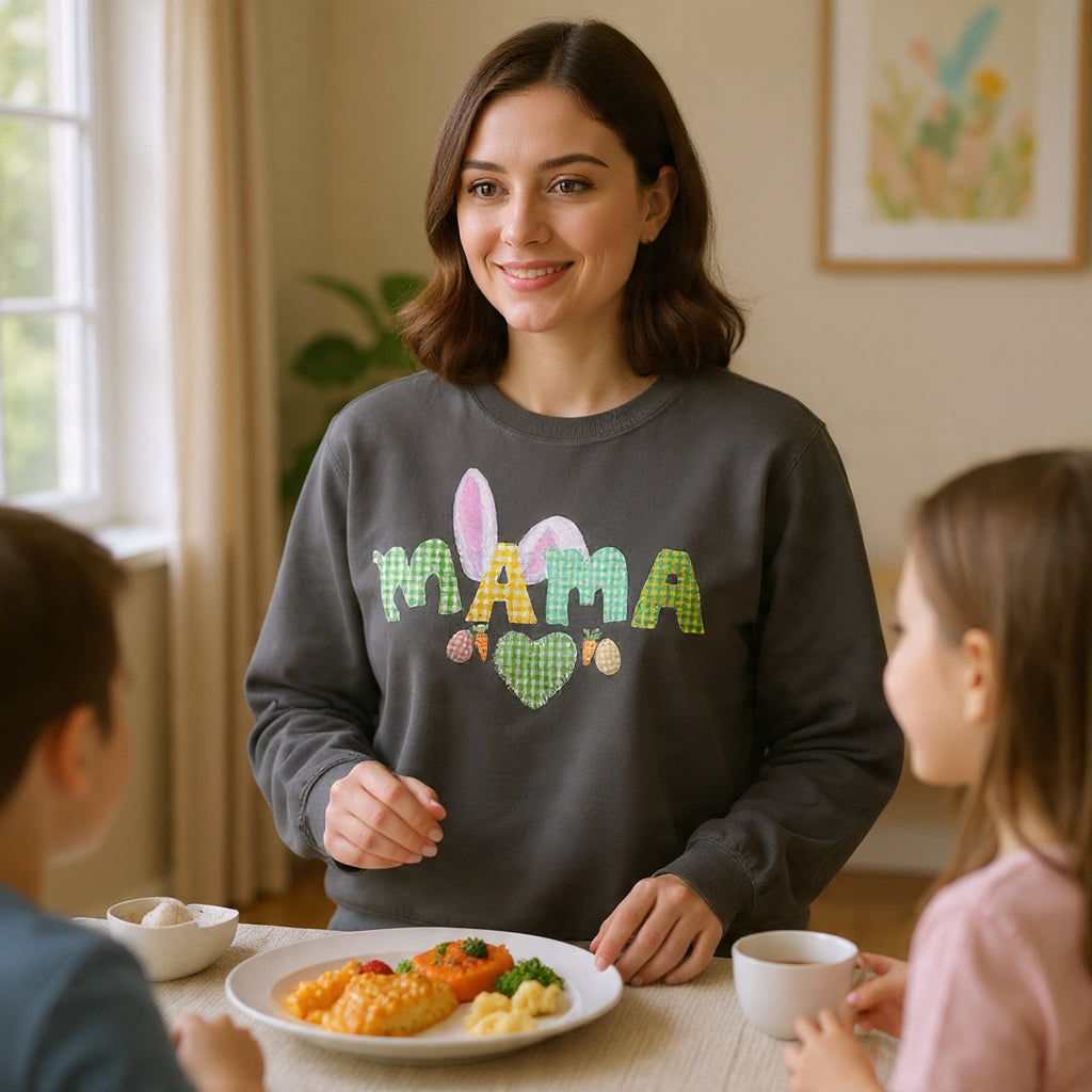 Mama Easter Bunny Sweatshirt — Cute Plaid ‘MAMA’ with Bunny Ears & Eggs
