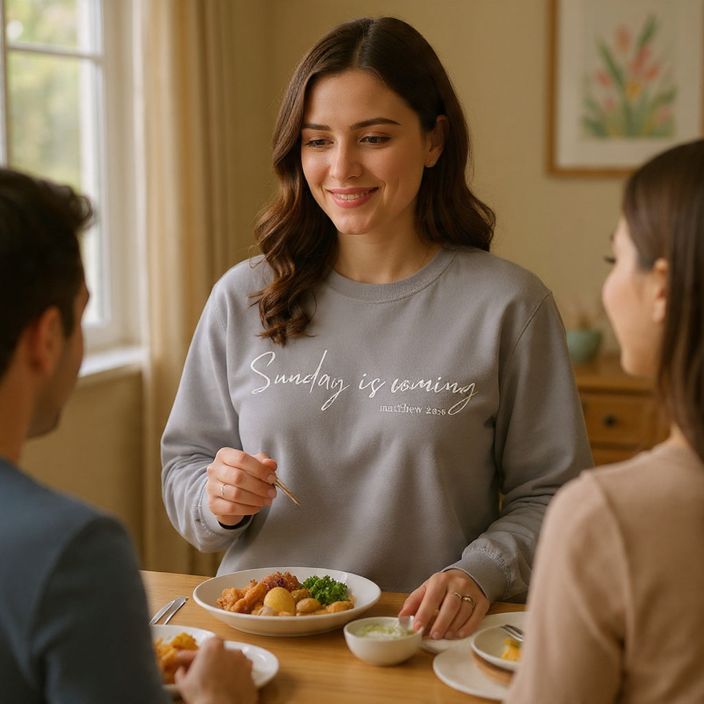 Sunday Is Coming Easter Sweatshirt — Inspirational Script Crewneck  - Scripture Matthew 28:6