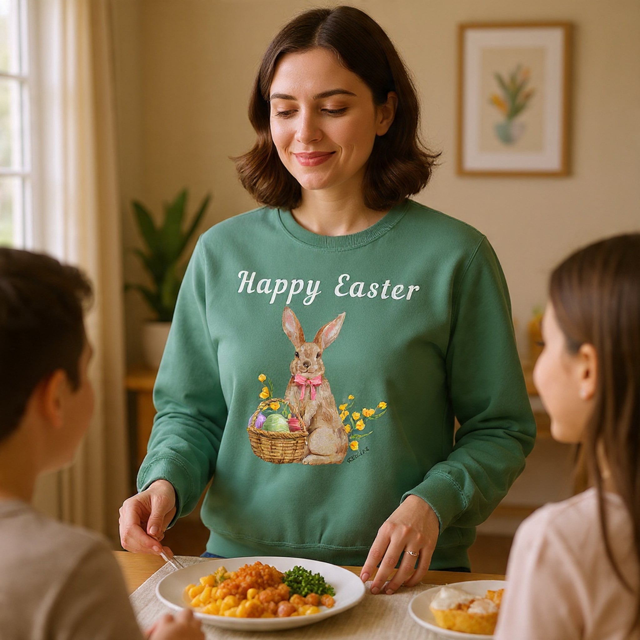 Easter Bunny Sweatshirt - Happy Easter Bunny with Basket Design (Luke 24:6)