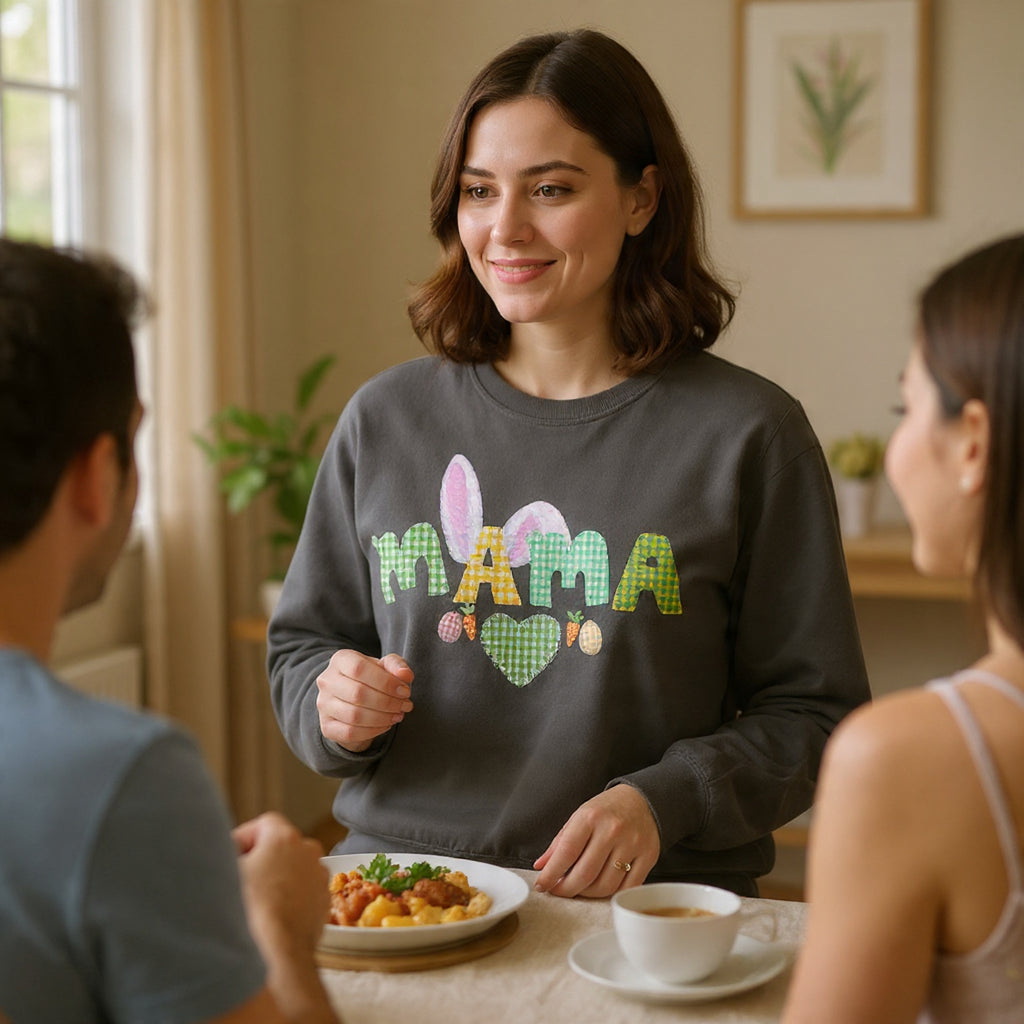 Mama Easter Bunny Sweatshirt — Cute Plaid ‘MAMA’ with Bunny Ears & Eggs
