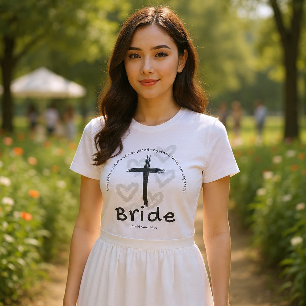 Bride T-Shirt — Christian Cross & Hearts Bridal Faith Tee - Christian - Matthew 19:6