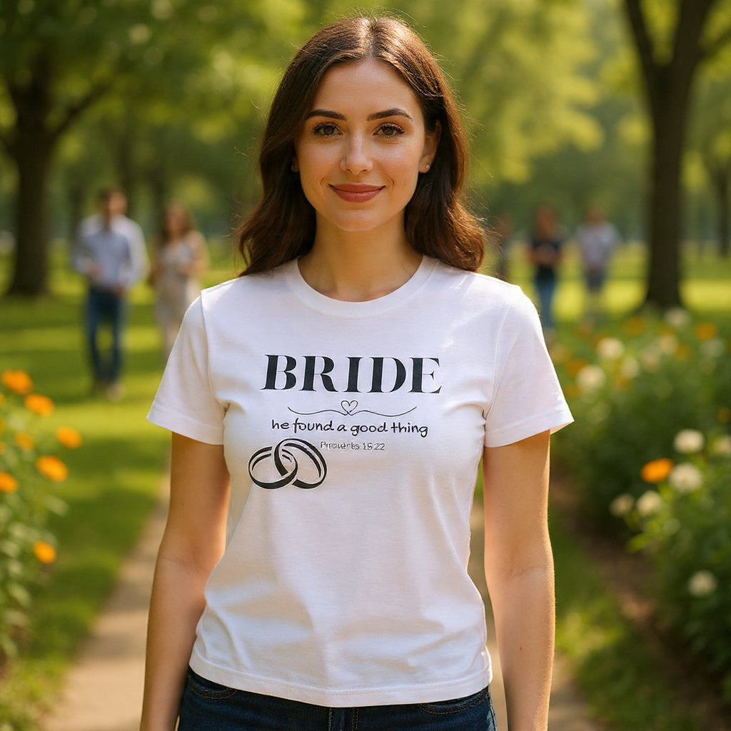 Bride T-Shirt — "We Found a Good Thing" Wedding Rings Tee - Christian - Personalized