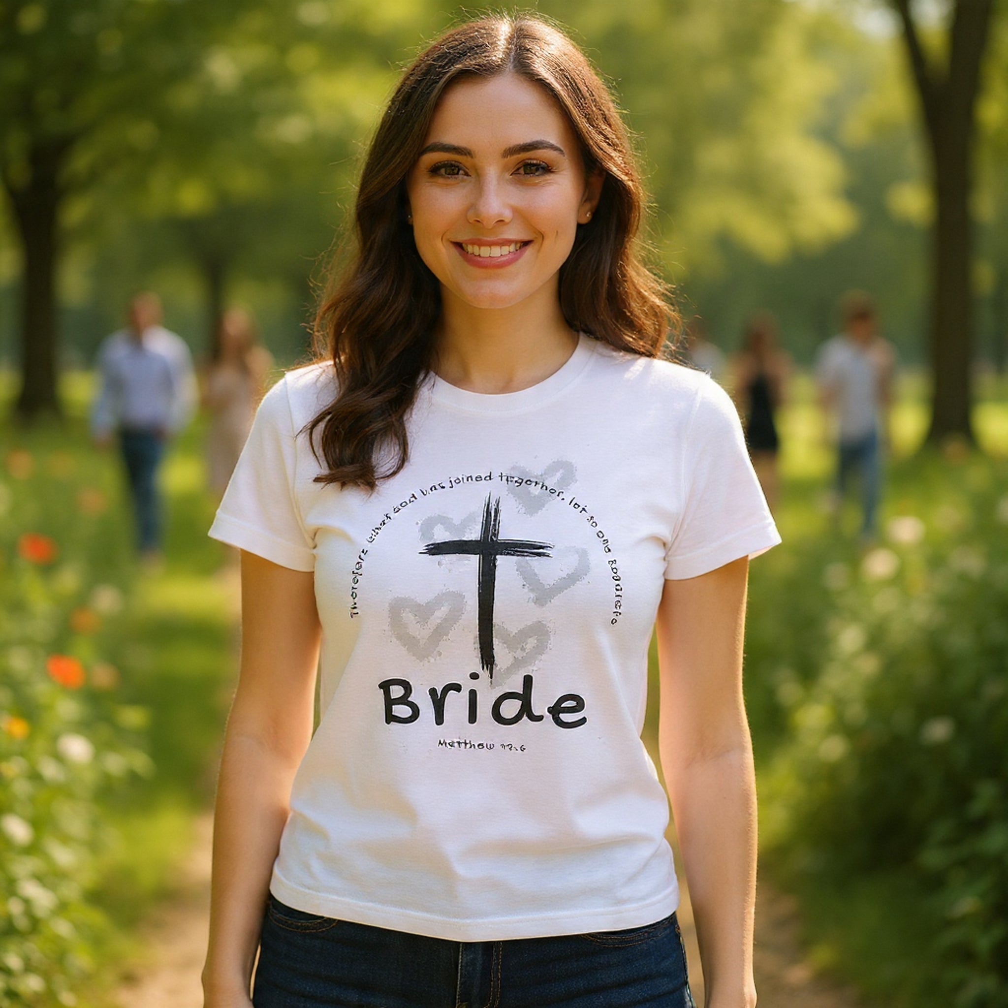 Bride T-Shirt — Christian Cross & Hearts Bridal Faith Tee - Christian - Matthew 19:6