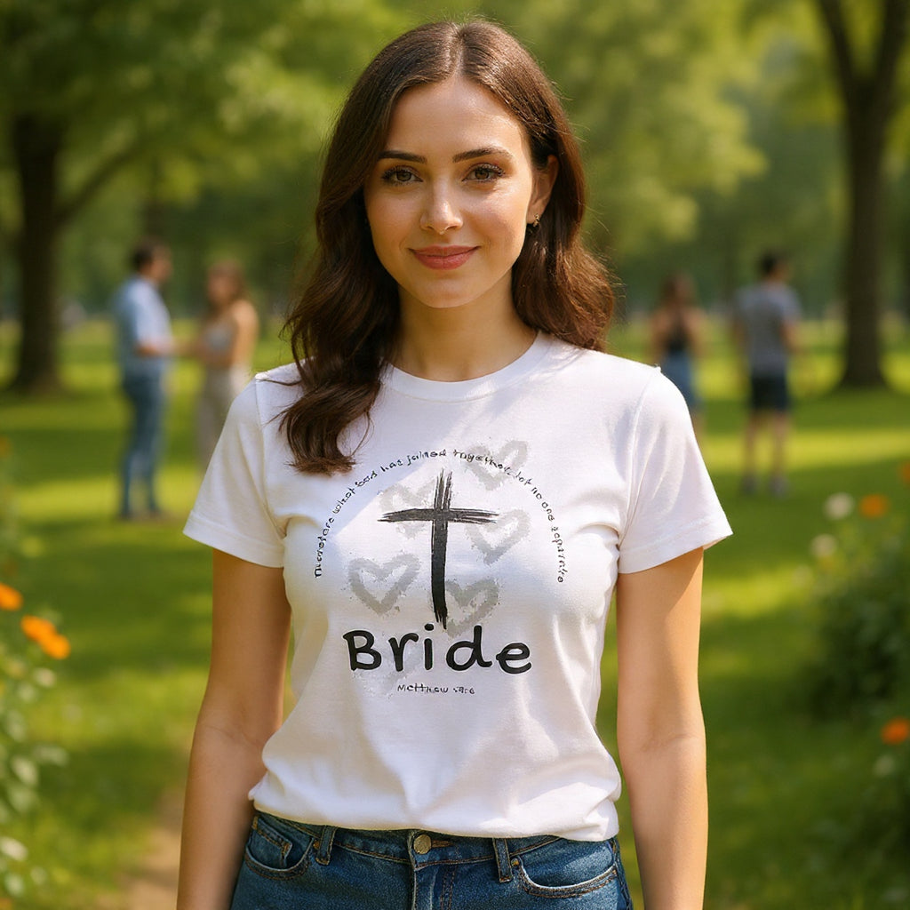 Bride T-Shirt — Christian Cross & Hearts Bridal Faith Tee - Christian - Matthew 19:6