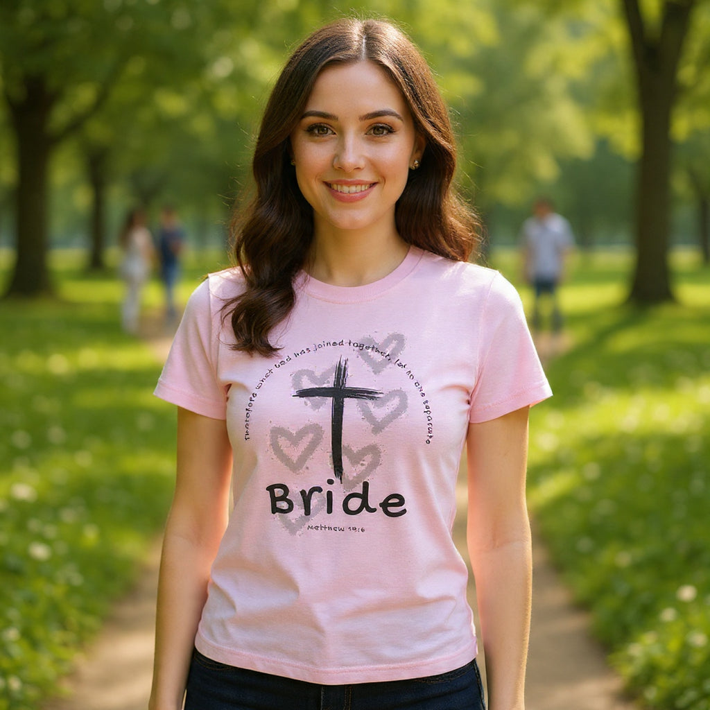 Bride T-Shirt — Christian Cross & Hearts Bridal Faith Tee - Christian - Matthew 19:6