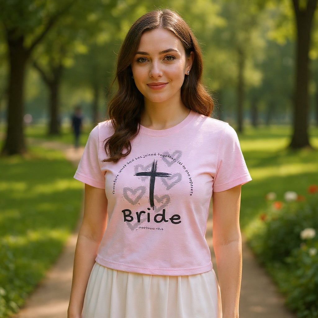 Bride T-Shirt — Christian Cross & Hearts Bridal Faith Tee - Christian - Matthew 19:6