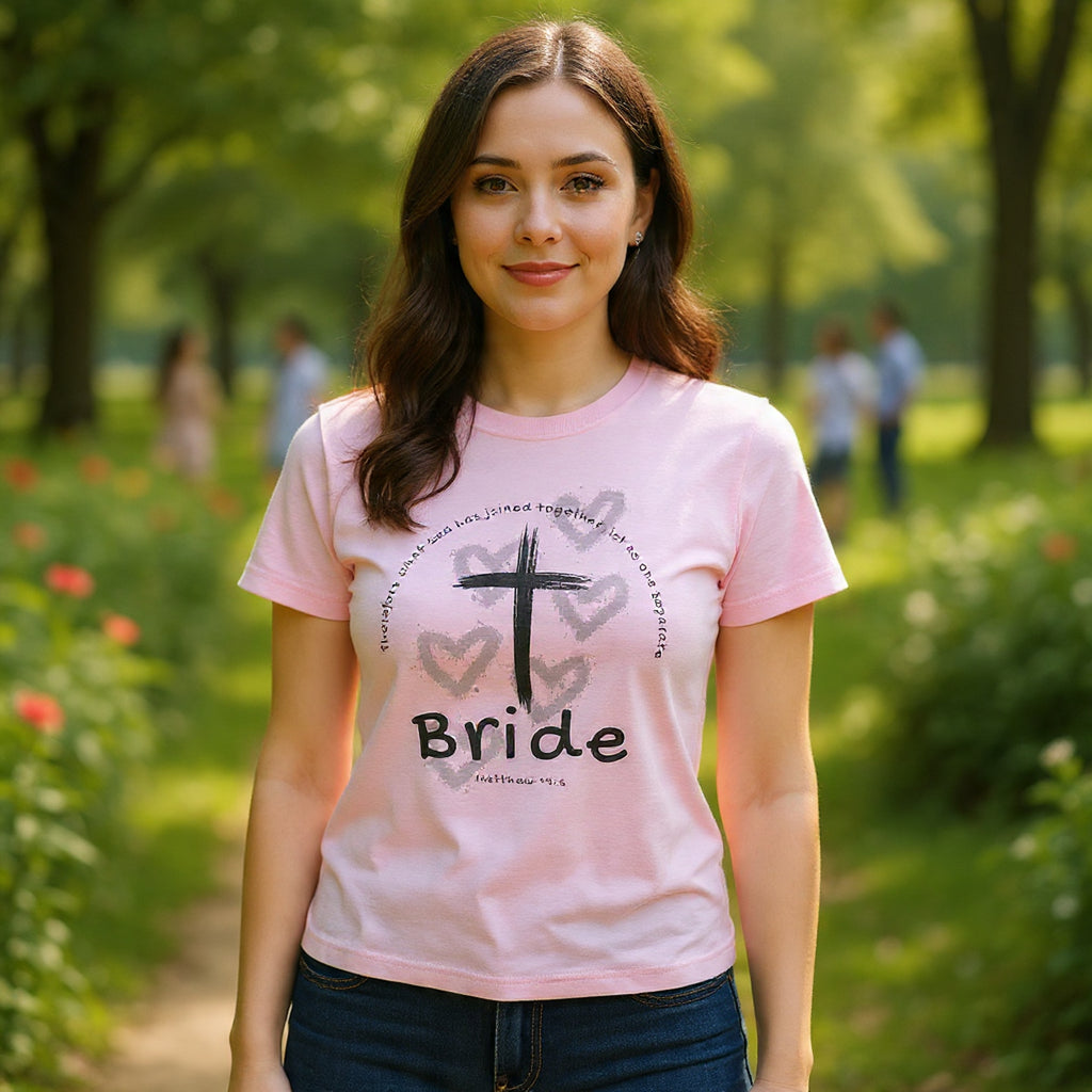 Bride T-Shirt — Christian Cross & Hearts Bridal Faith Tee - Christian - Matthew 19:6