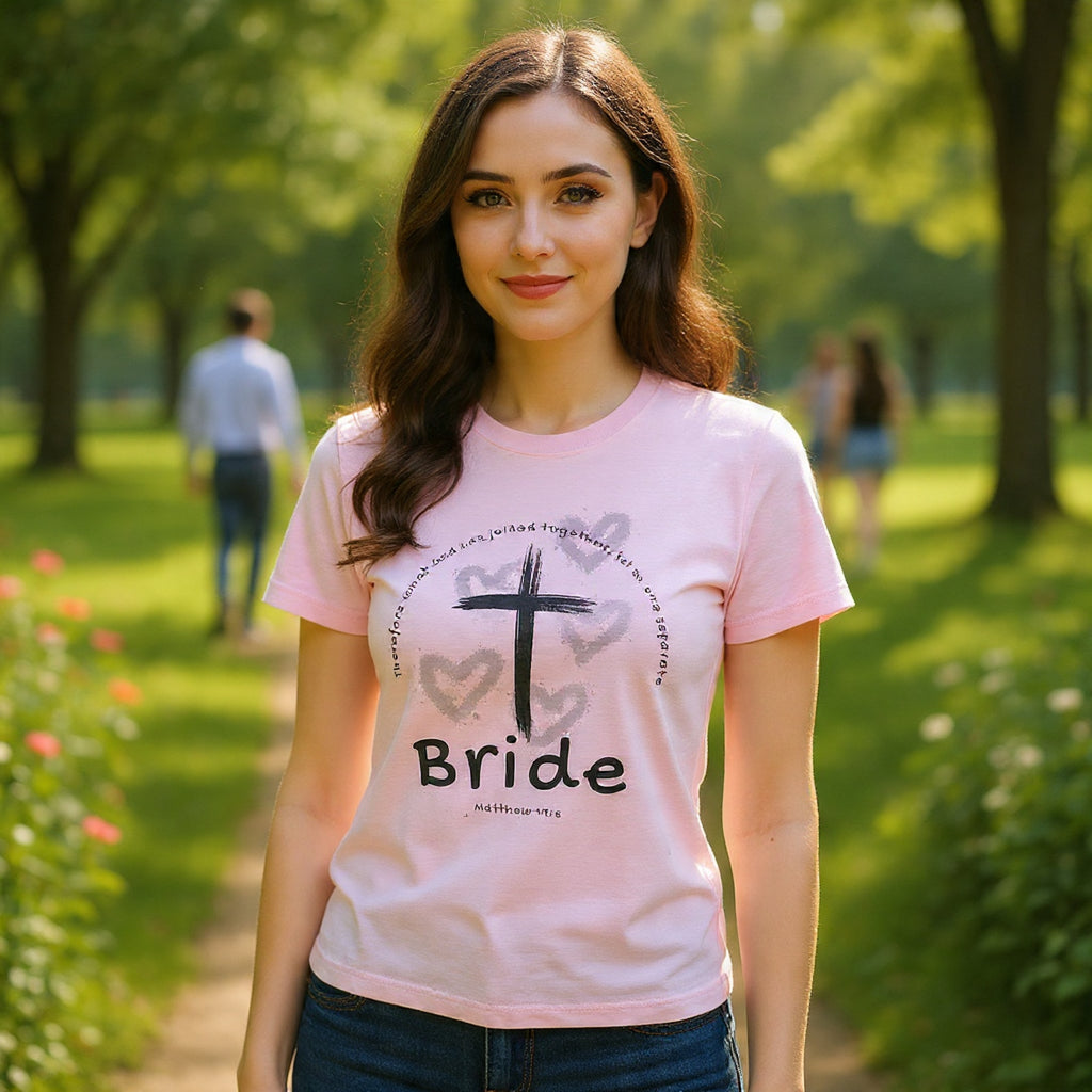 Bride T-Shirt — Christian Cross & Hearts Bridal Faith Tee - Christian - Matthew 19:6