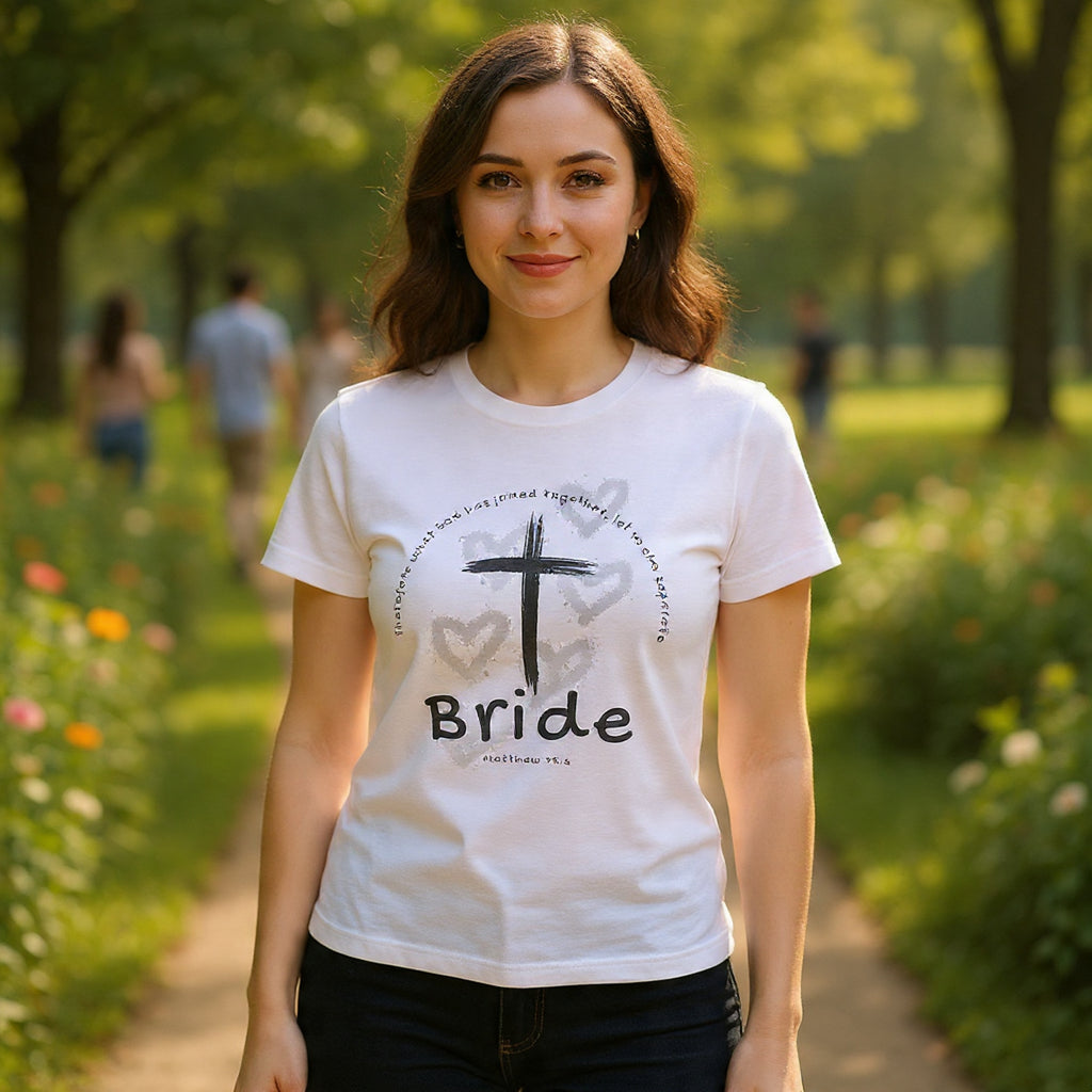 Bride T-Shirt — Christian Cross & Hearts Bridal Faith Tee - Christian - Matthew 19:6