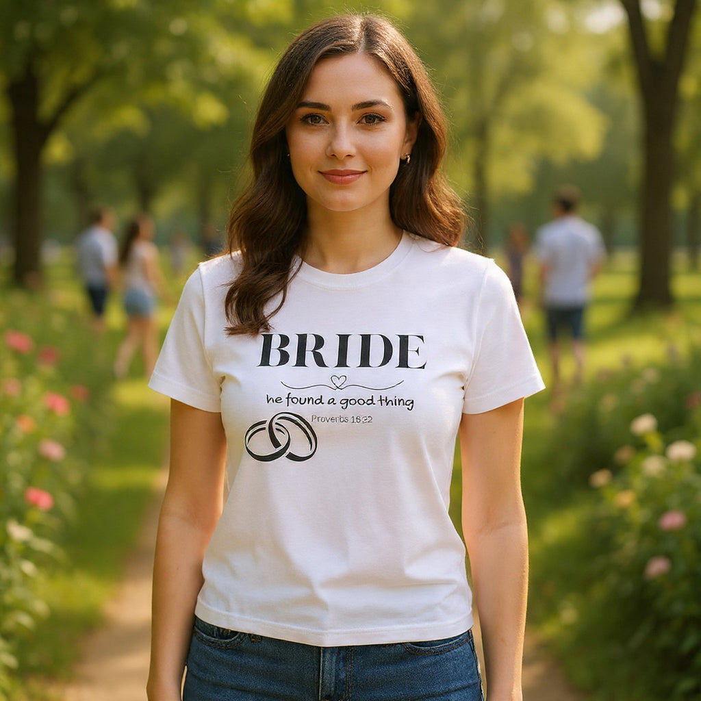 Bride T-Shirt — "We Found a Good Thing" Wedding Rings Tee - Christian - Personalized