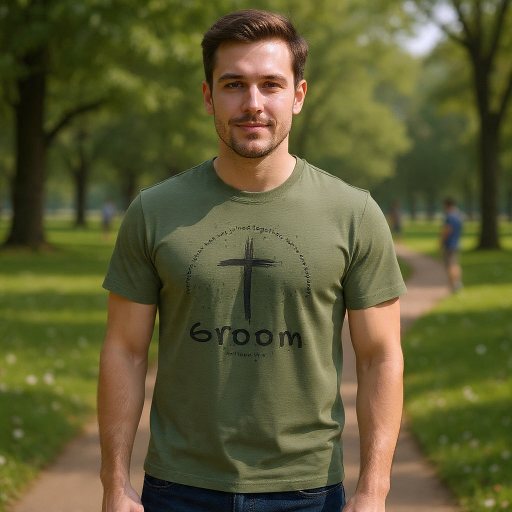 Groom Cross Tee — Christian Wedding Groom T-Shirt (Scripture Verse Design) - Christian - Matthew 19:6