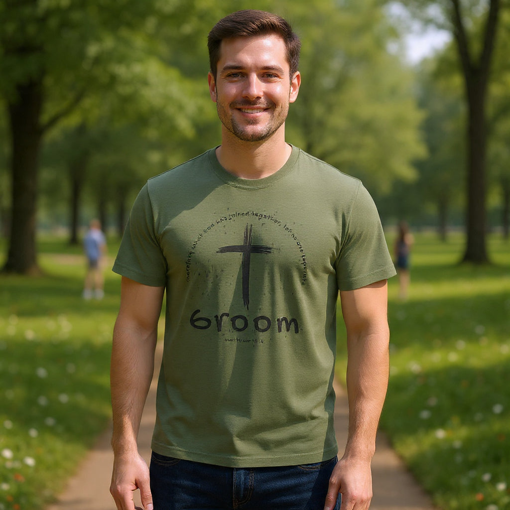 Groom Cross Tee — Christian Wedding Groom T-Shirt (Scripture Verse Design) - Christian - Matthew 19:6