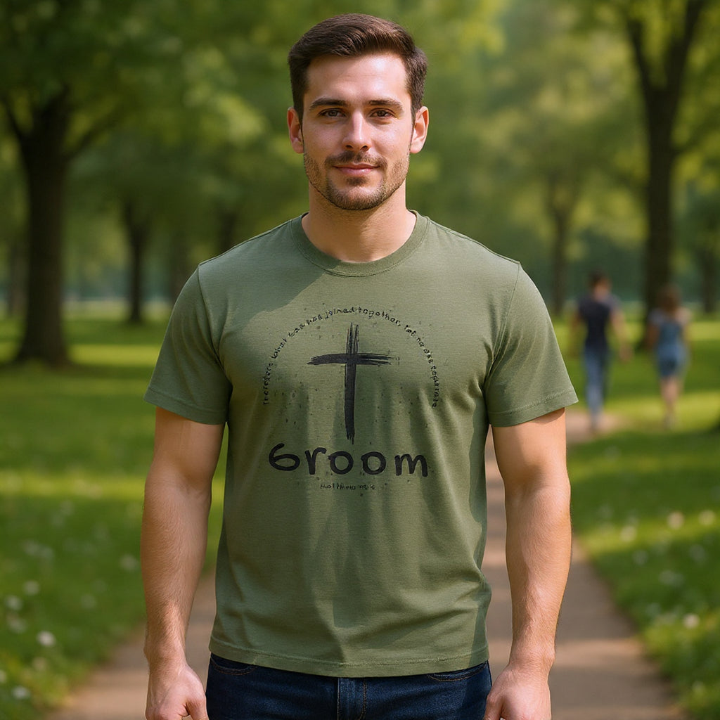 Groom Cross Tee — Christian Wedding Groom T-Shirt (Scripture Verse Design) - Christian - Matthew 19:6