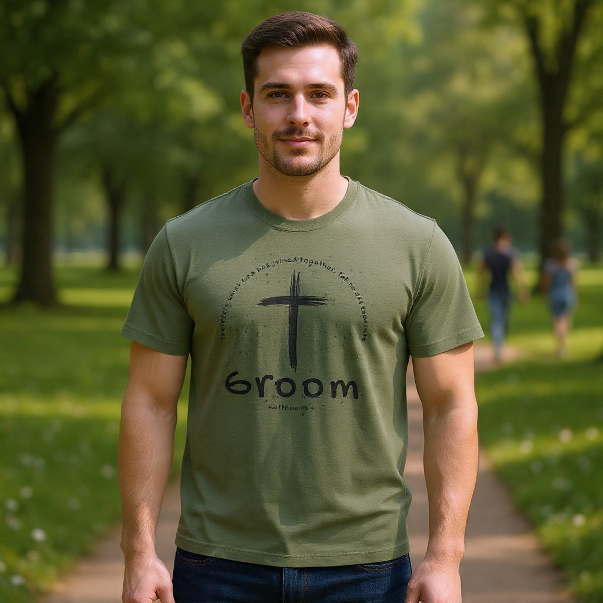 Groom Cross Tee — Christian Wedding Groom T-Shirt (Scripture Verse Design) - Christian - Matthew 19:6