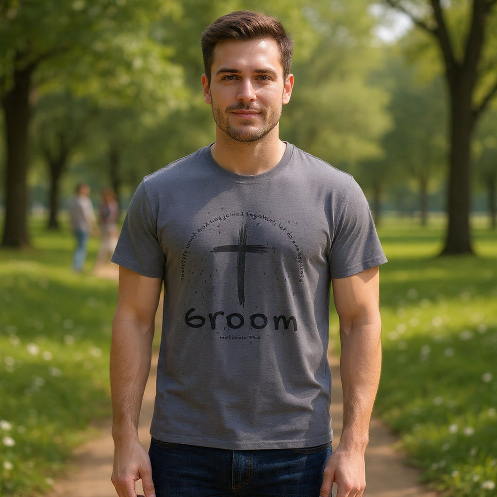 Groom Cross Tee — Christian Wedding Groom T-Shirt (Scripture Verse Design) - Christian - Matthew 19:6