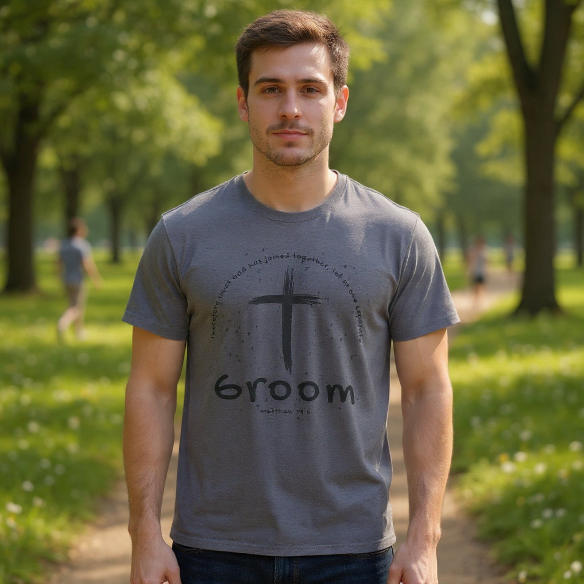 Groom Cross Tee — Christian Wedding Groom T-Shirt (Scripture Verse Design) - Christian - Matthew 19:6
