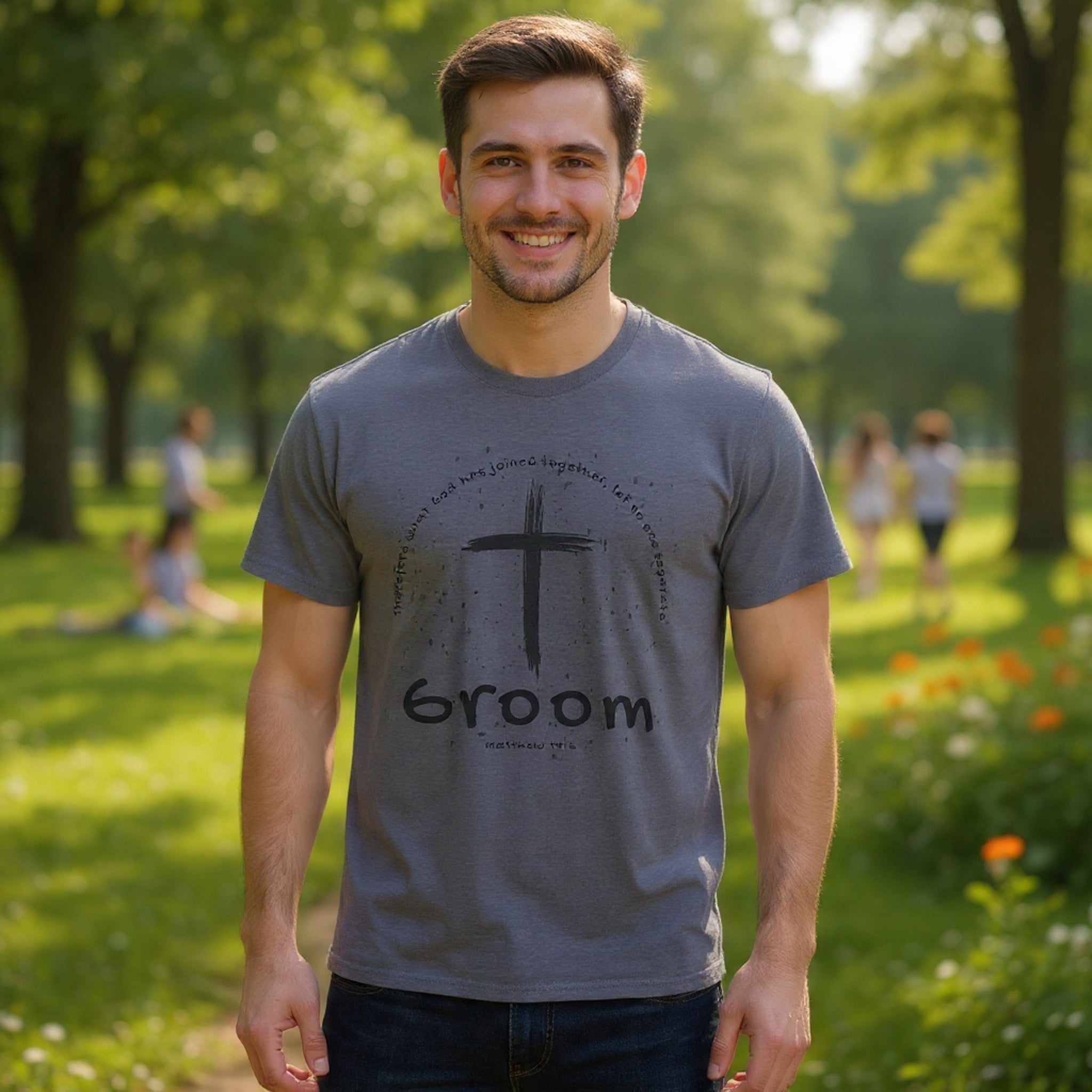 Groom Cross Tee — Christian Wedding Groom T-Shirt (Scripture Verse Design) - Christian - Matthew 19:6