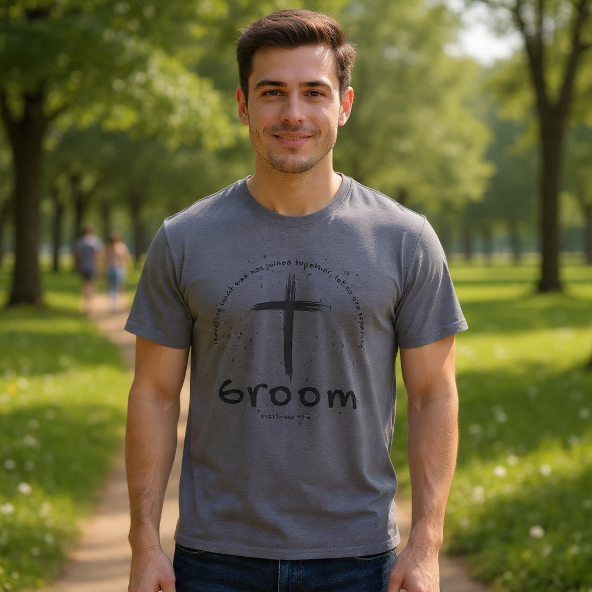 Groom Cross Tee — Christian Wedding Groom T-Shirt (Scripture Verse Design) - Christian - Matthew 19:6