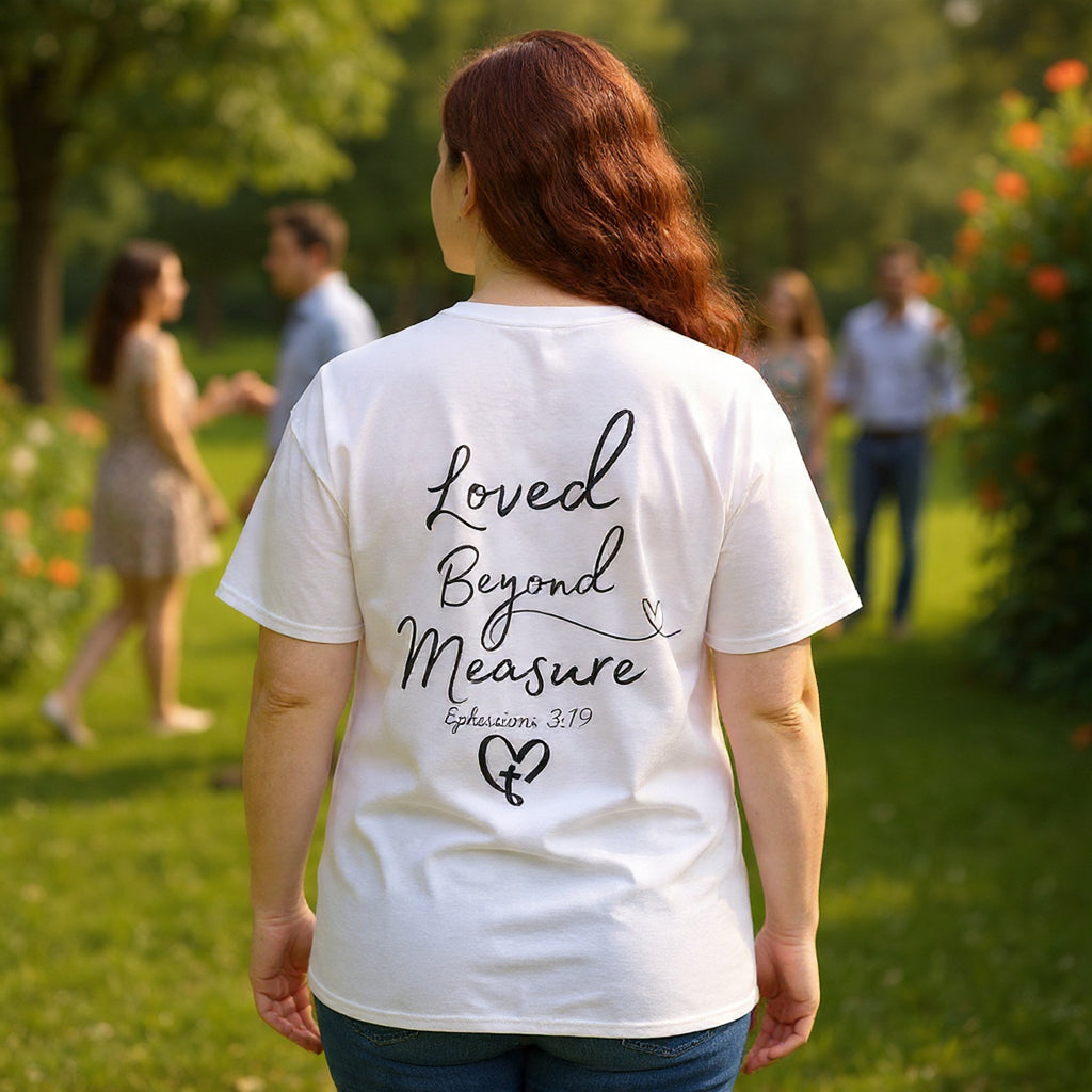Loved Beyond Measure Tee — Christian Faith Heart Cross T-Shirt (Ephesians 3:18)