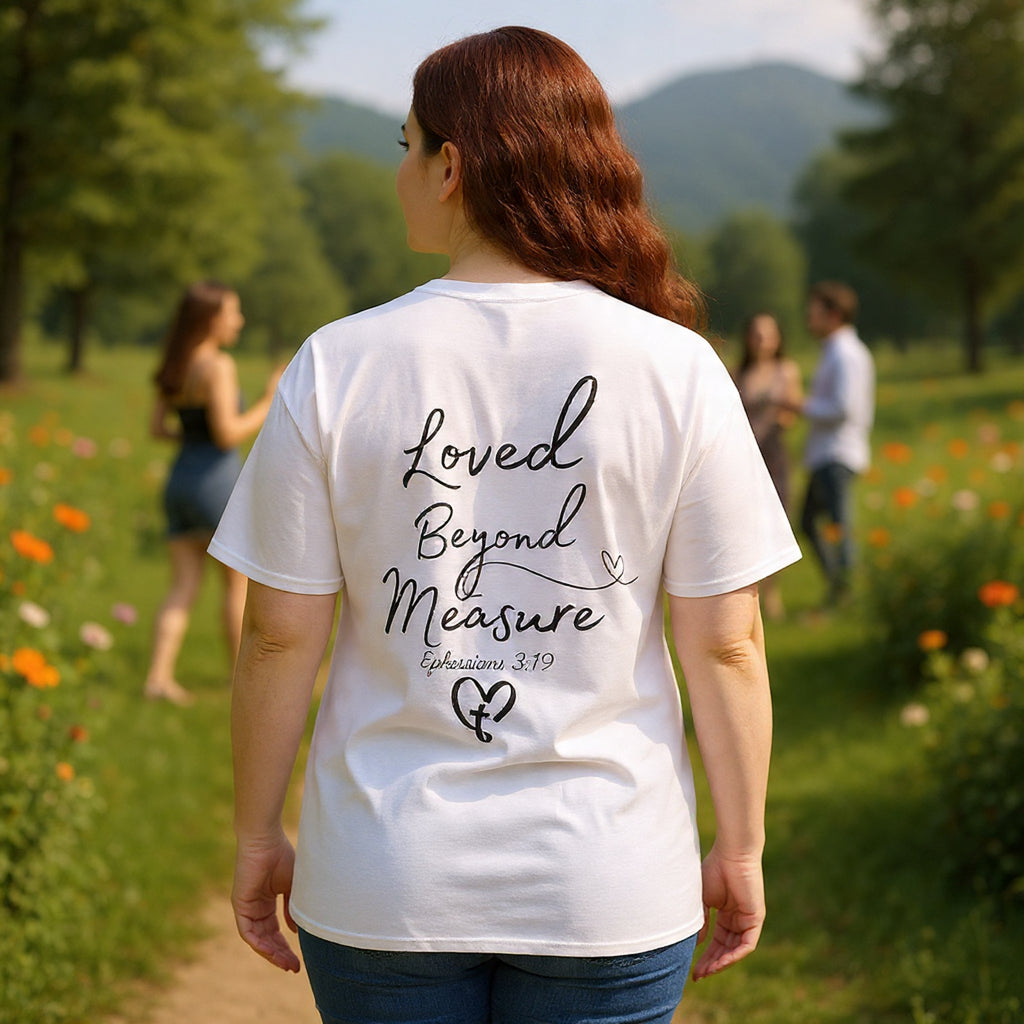 Loved Beyond Measure Tee — Christian Faith Heart Cross T-Shirt (Ephesians 3:18)