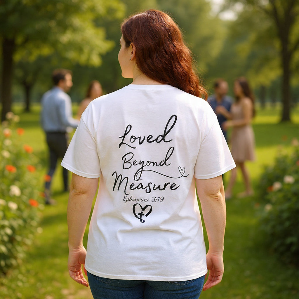 Loved Beyond Measure Tee — Christian Faith Heart Cross T-Shirt (Ephesians 3:18)