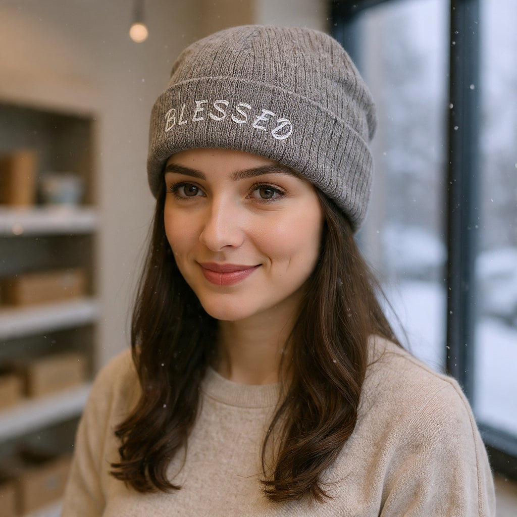 Blessed Embroidered Beanie — Ribbed Knit Winter Hat