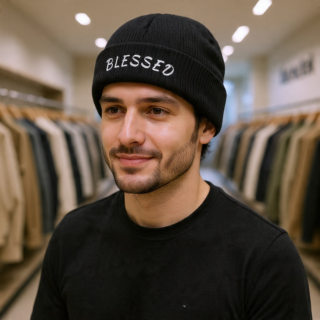 Blessed Embroidered Beanie — Ribbed Knit Winter Hat