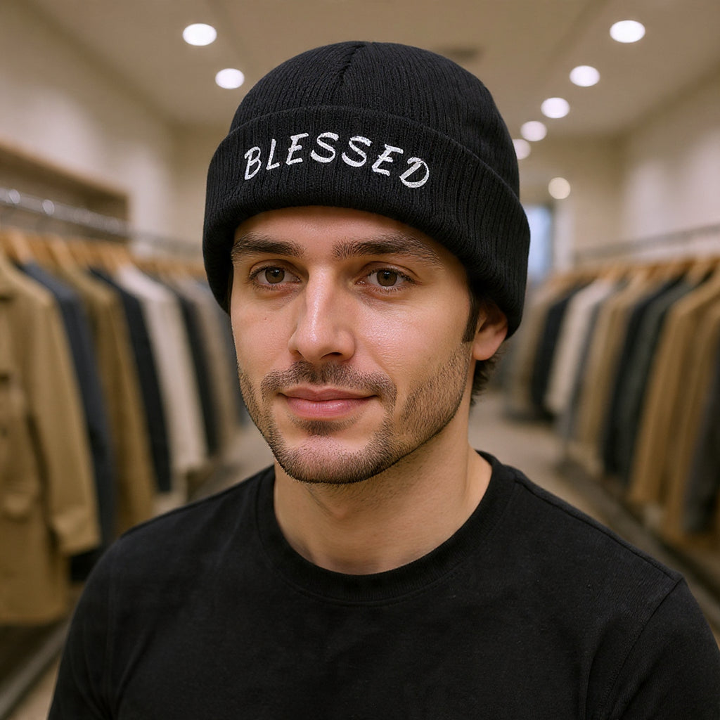 Blessed Embroidered Beanie — Ribbed Knit Winter Hat