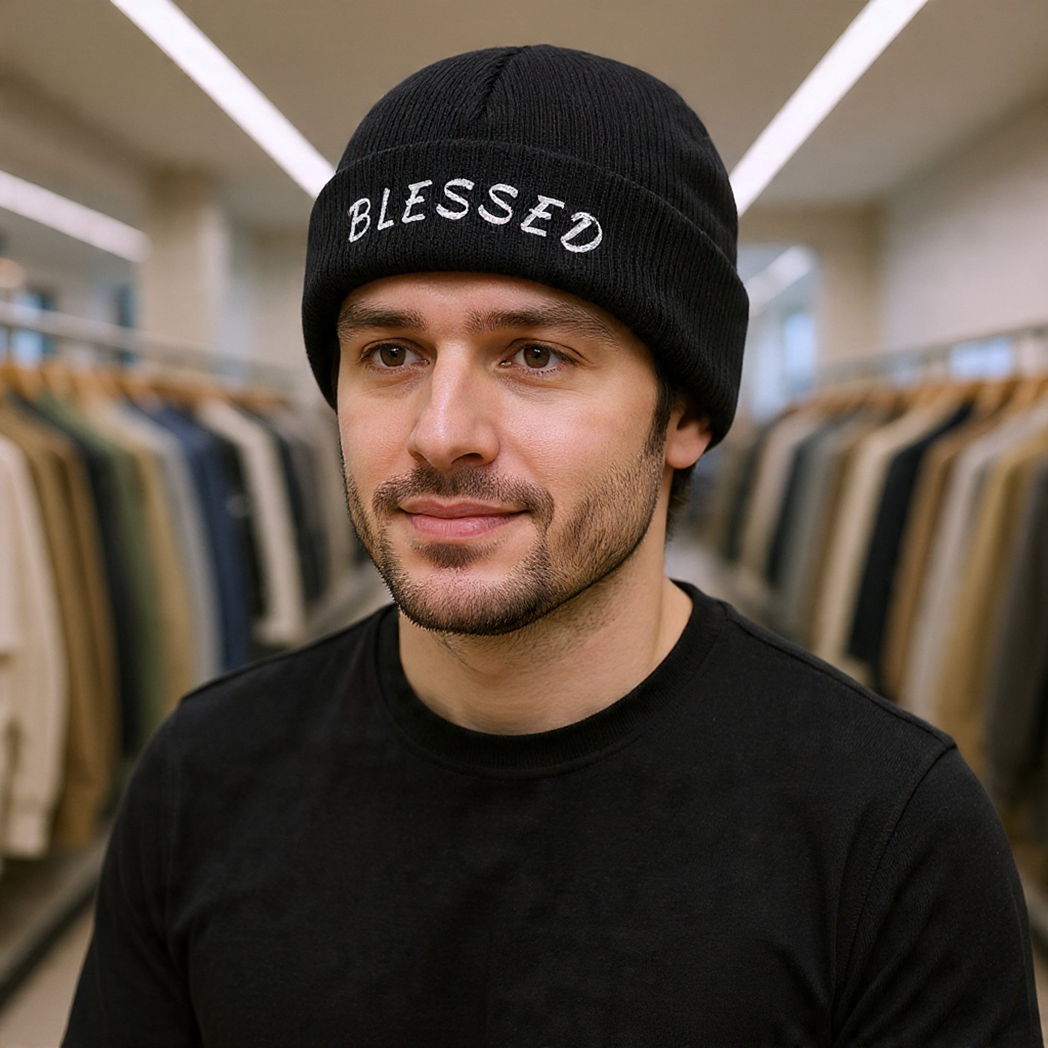 Blessed Embroidered Beanie — Ribbed Knit Winter Hat