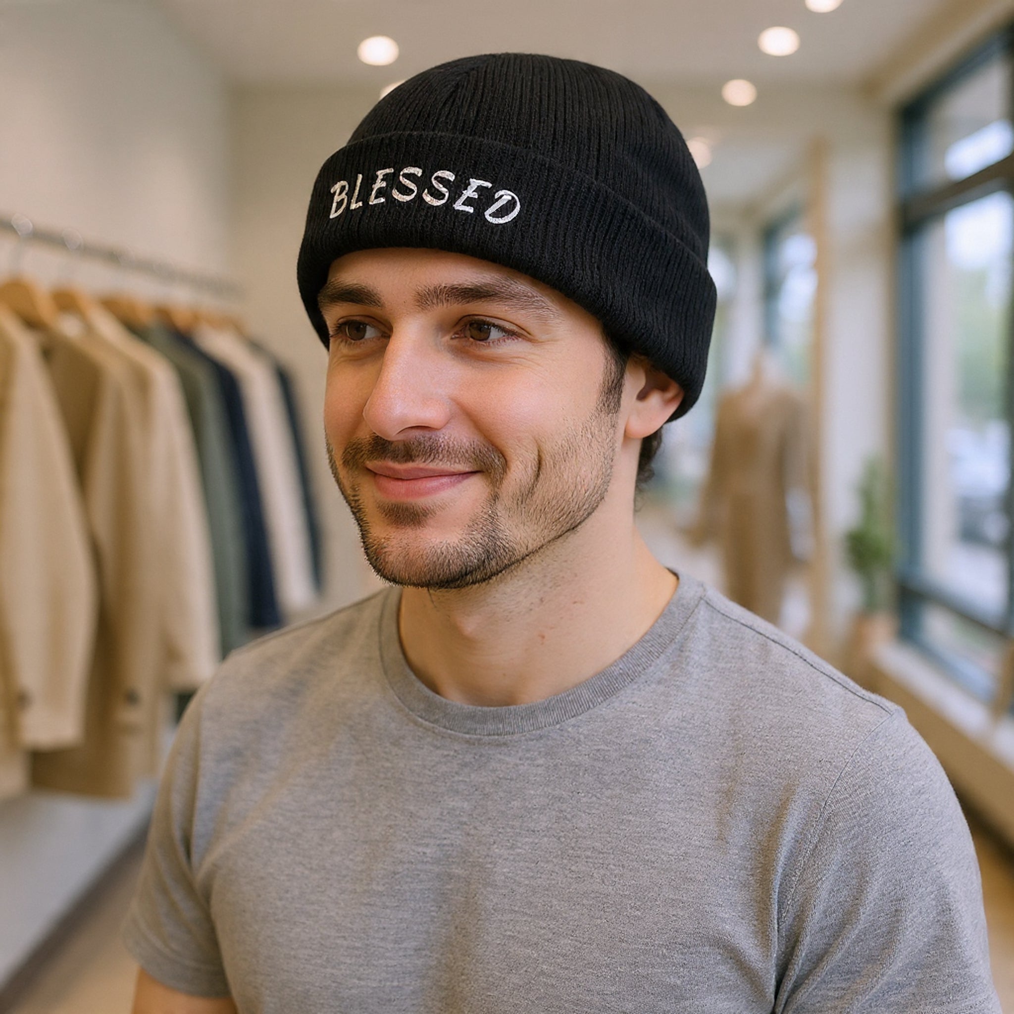 Blessed Embroidered Beanie — Ribbed Knit Winter Hat