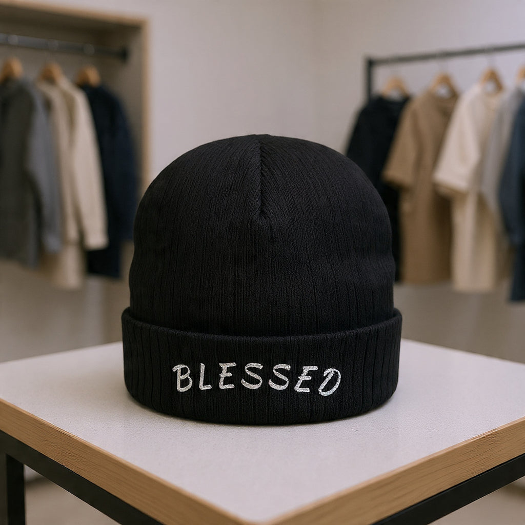 Blessed Embroidered Beanie — Ribbed Knit Winter Hat