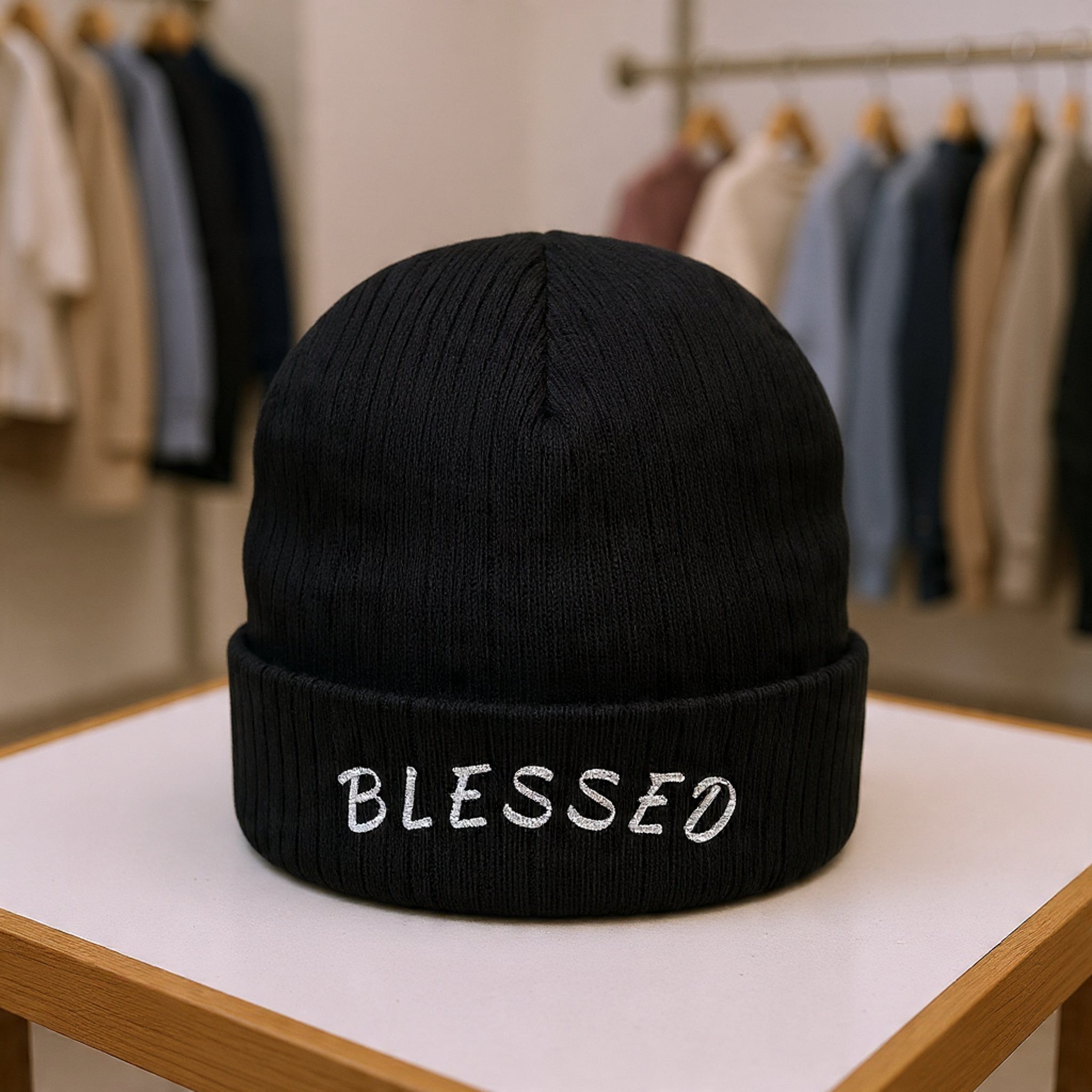 Blessed Embroidered Beanie — Ribbed Knit Winter Hat