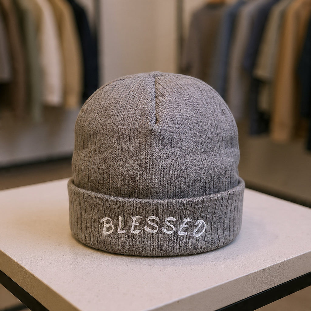 Blessed Embroidered Beanie — Ribbed Knit Winter Hat