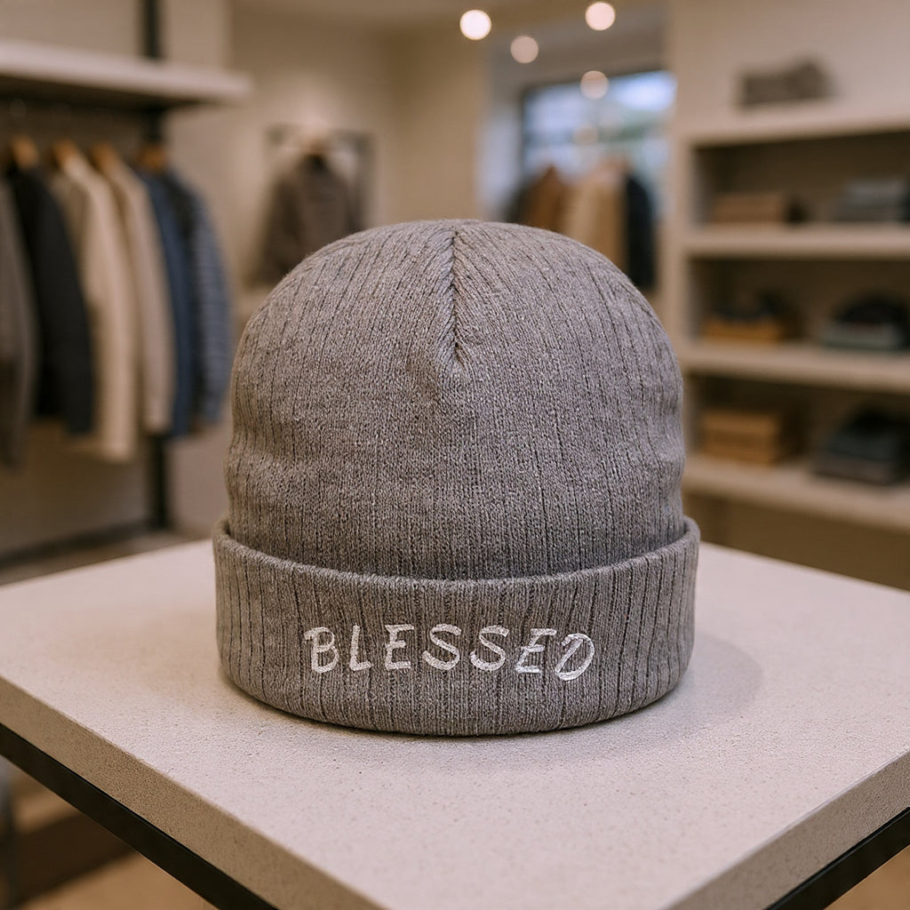 Blessed Embroidered Beanie — Ribbed Knit Winter Hat
