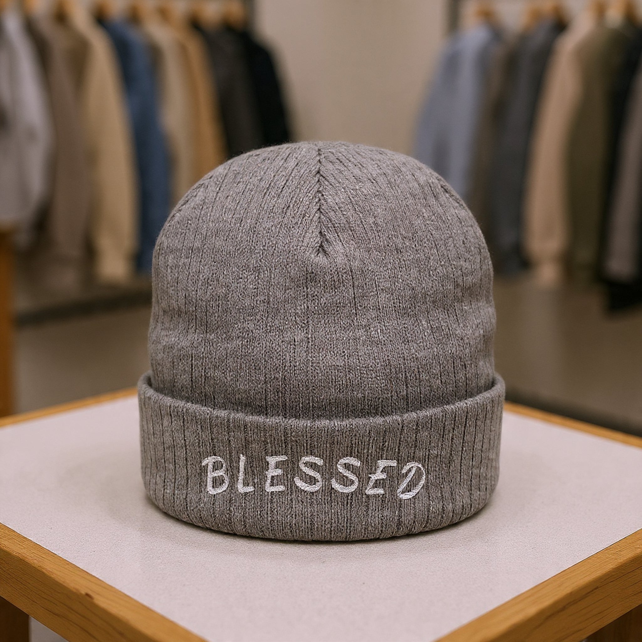 Blessed Embroidered Beanie — Ribbed Knit Winter Hat