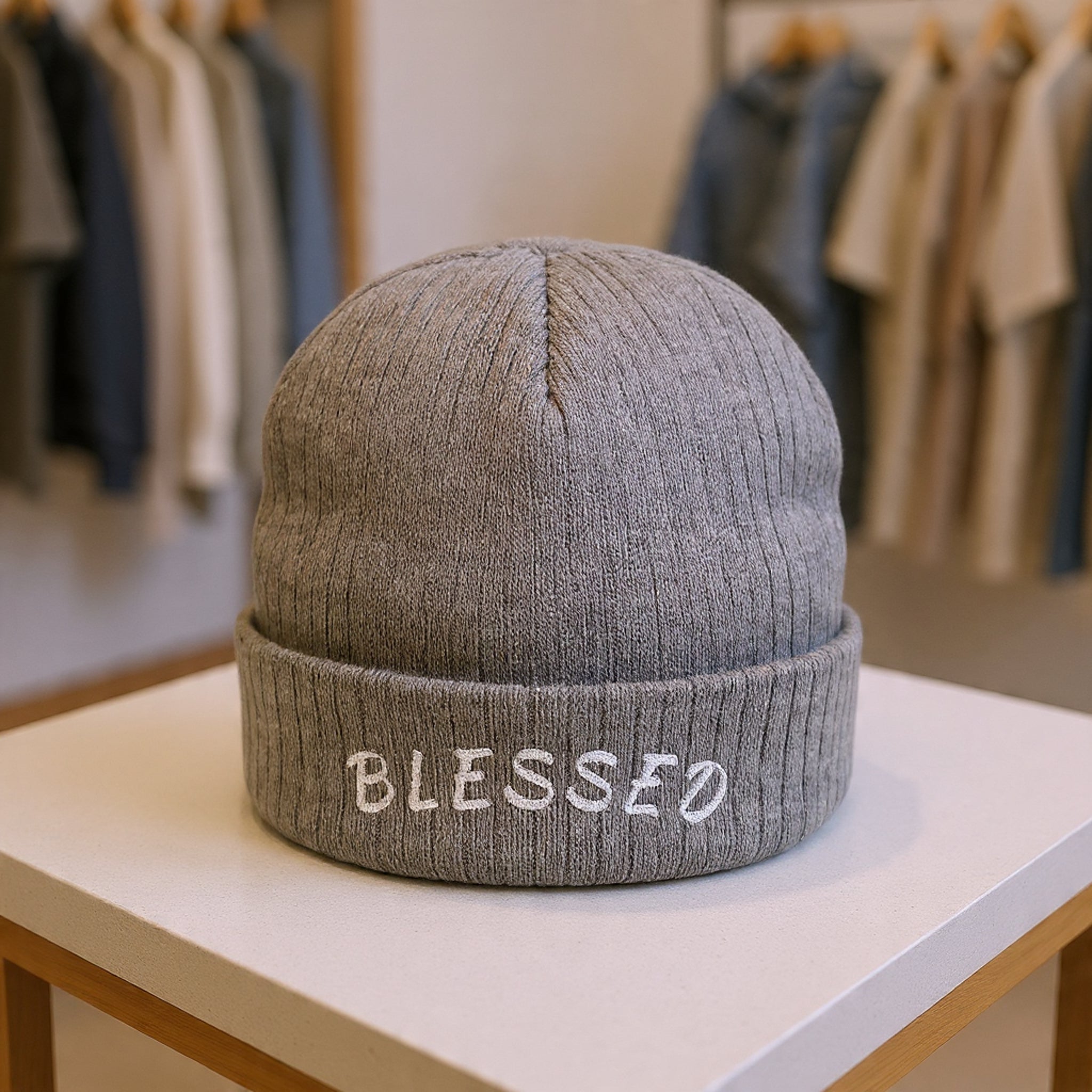 Blessed Embroidered Beanie — Ribbed Knit Winter Hat