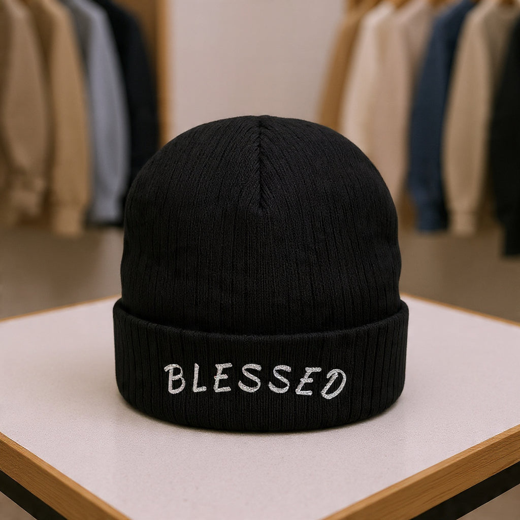 Blessed Embroidered Beanie — Ribbed Knit Winter Hat