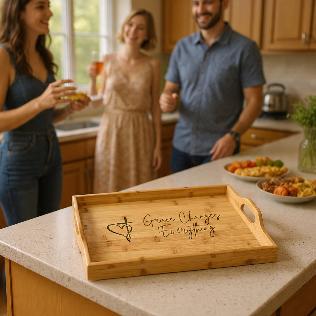 Engraved Bamboo Serving Tray — "Grace Changes Everything" Christian Heart & Cross