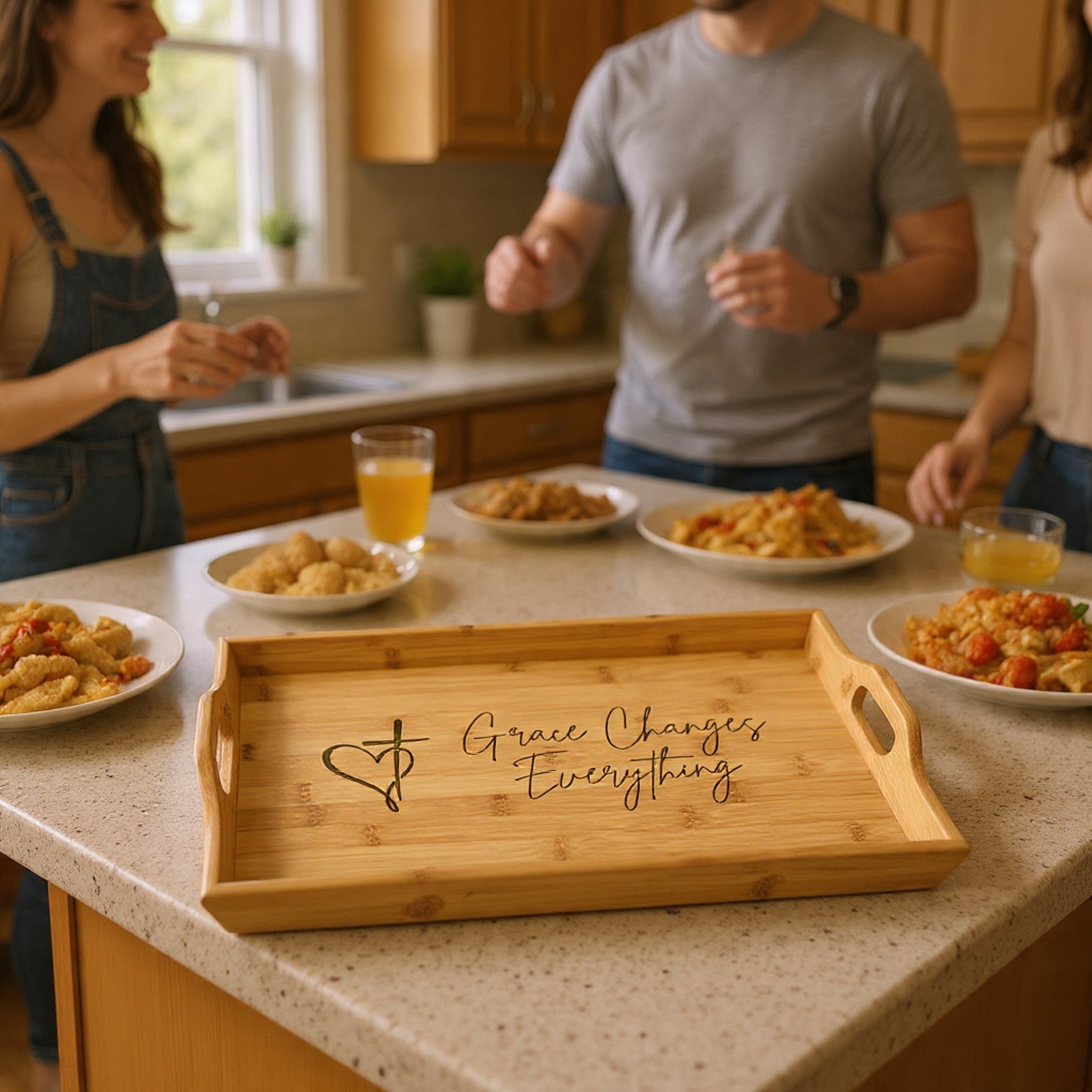 Engraved Bamboo Serving Tray — "Grace Changes Everything" Christian Heart & Cross