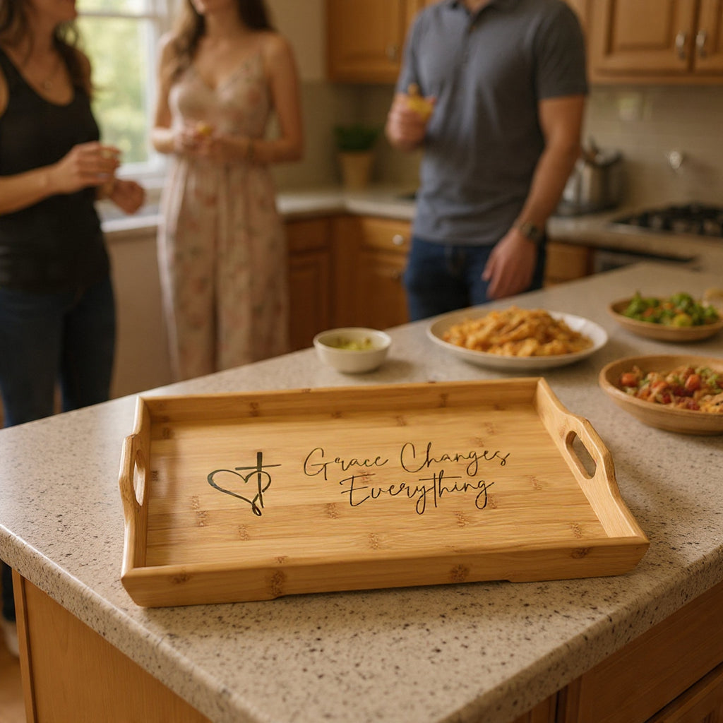 Engraved Bamboo Serving Tray — "Grace Changes Everything" Christian Heart & Cross
