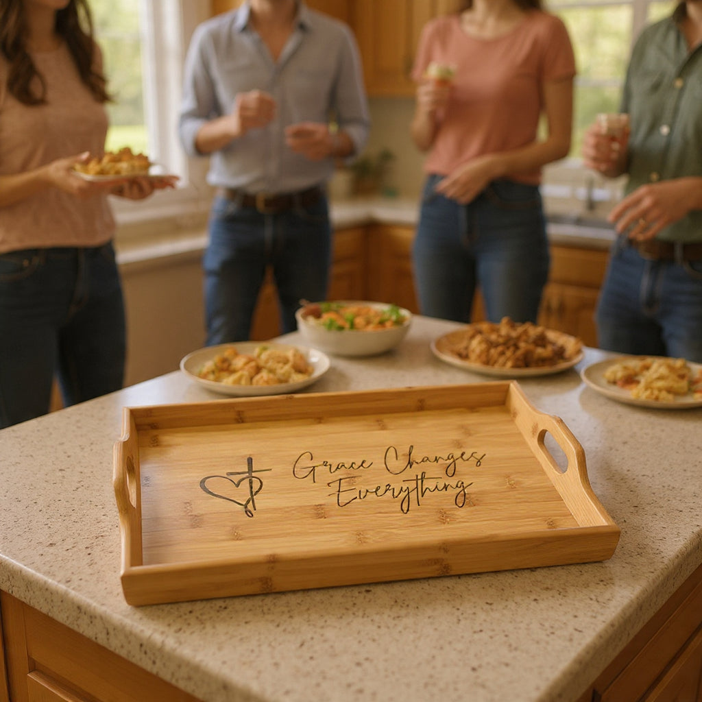 Engraved Bamboo Serving Tray — "Grace Changes Everything" Christian Heart & Cross