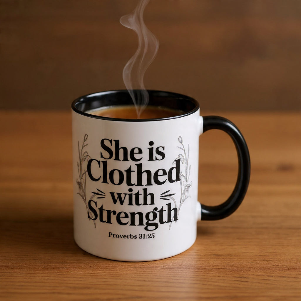 She Is Clothed with Strength Coffee Mug — Proverbs 31:25 Inspirational Accent Mug (11/15oz) - Mother's Day