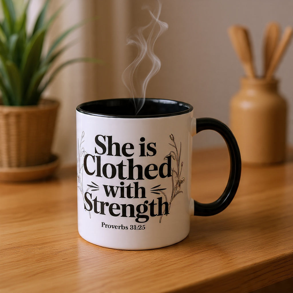She Is Clothed with Strength Coffee Mug — Proverbs 31:25 Inspirational Accent Mug (11/15oz) - Mother's Day