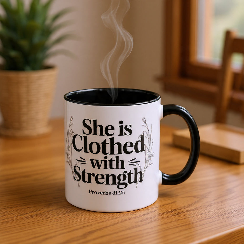 She Is Clothed with Strength Coffee Mug — Proverbs 31:25 Inspirational Accent Mug (11/15oz) - Mother's Day