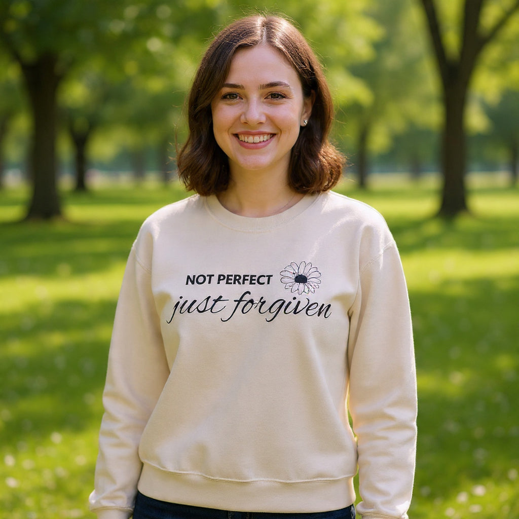 Crewneck Sweatshirt — "Not Perfect, Just Forgiven" Floral Inspirational Pullover