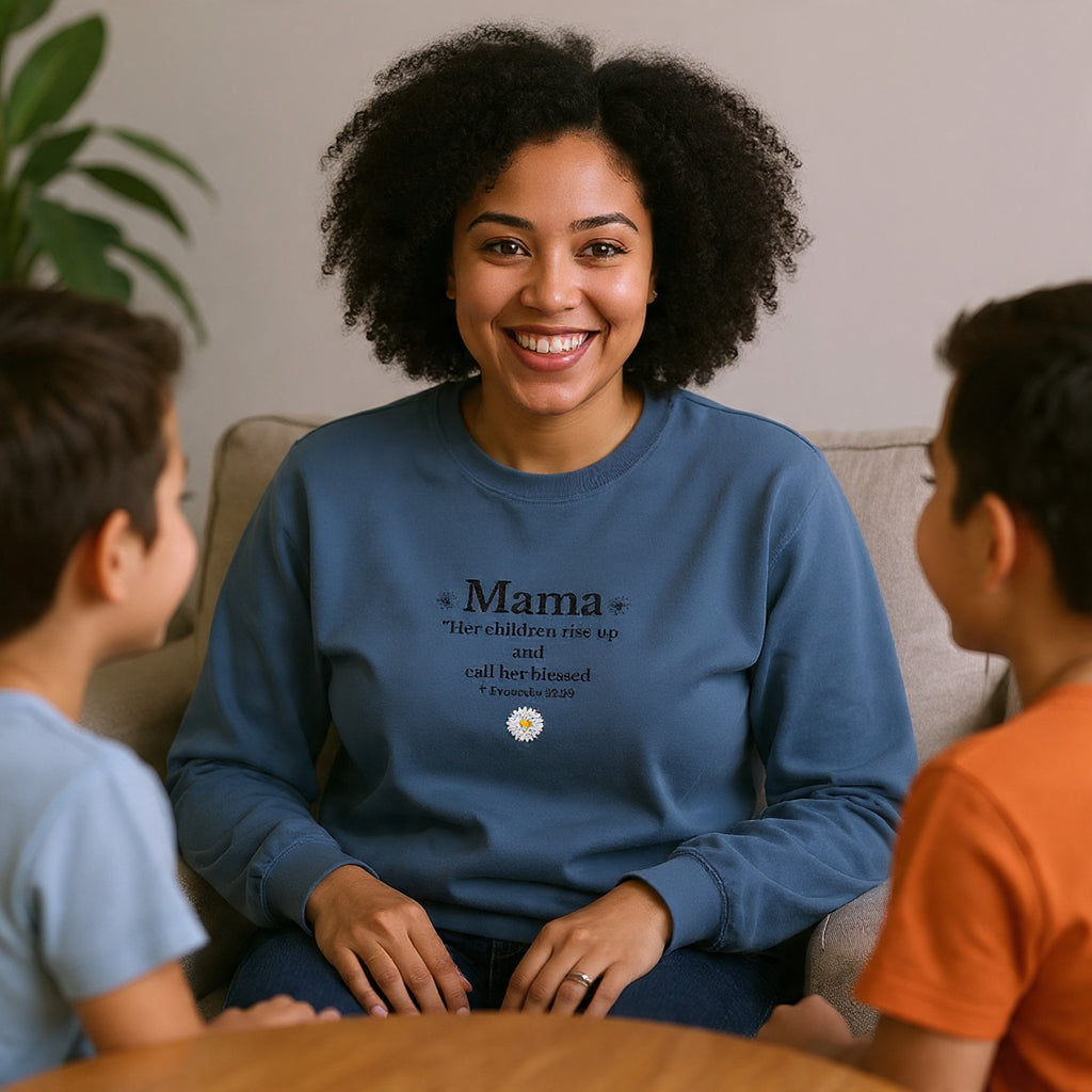Mama Sunshine Crewneck Sweatshirt — "Mama the sunshine in my soul" Cozy Mom Gift - Embroidered