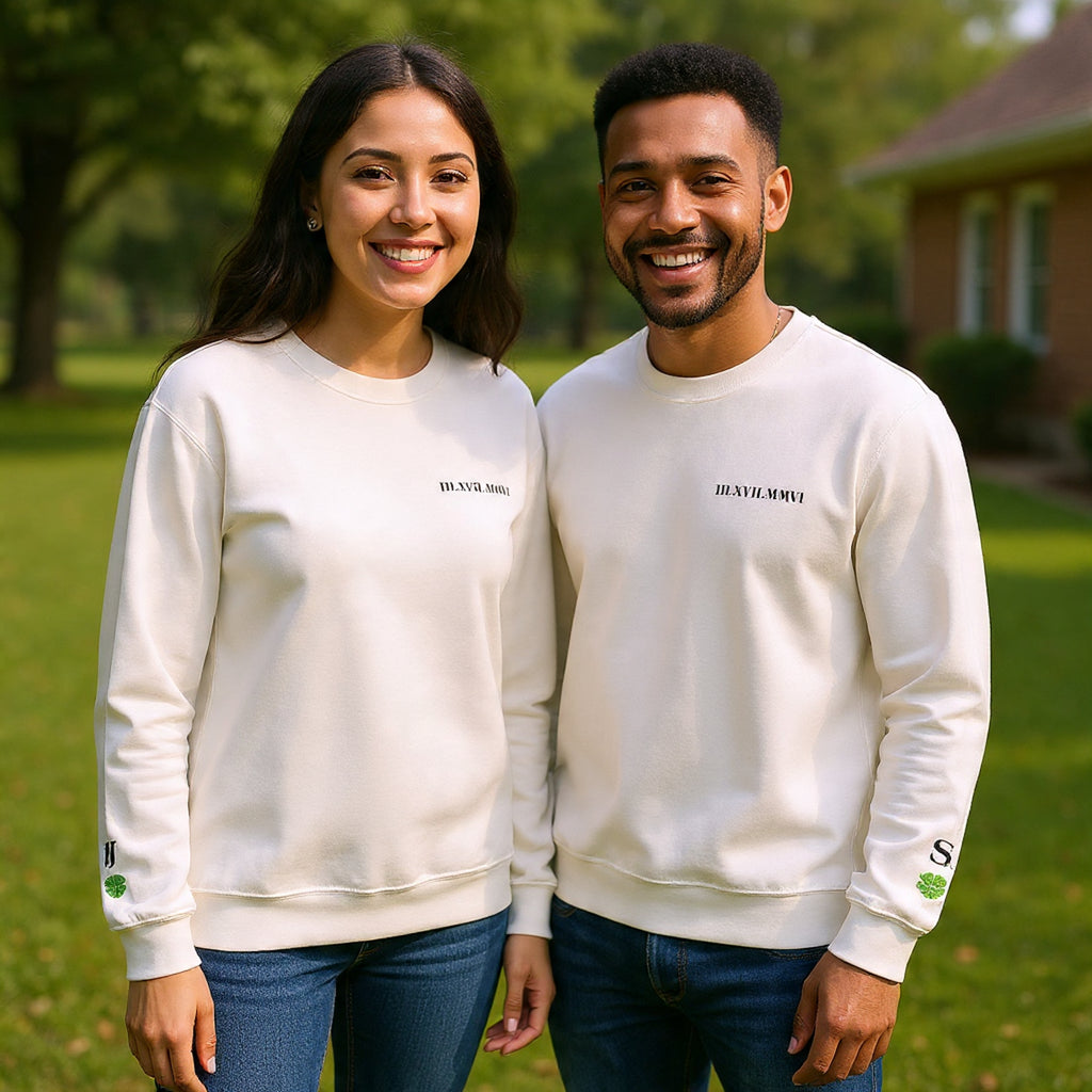 Embroidered - Personalized - Couples - Crewneck Sweatshirt — Minimal 'Human Being' Chest Text with Small Sleeve Floral Accents