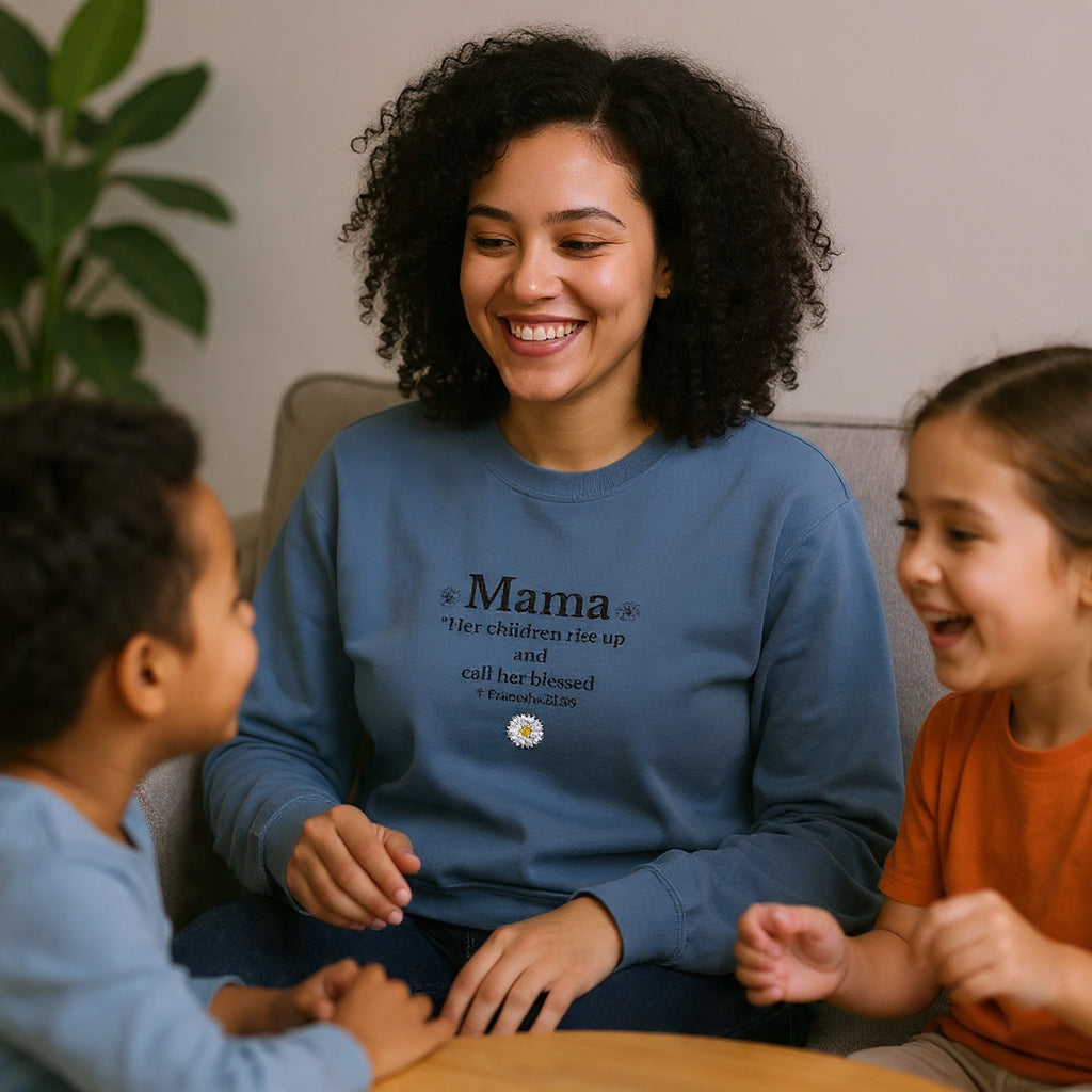 Mama Sunshine Crewneck Sweatshirt — "Mama the sunshine in my soul" Cozy Mom Gift - Embroidered